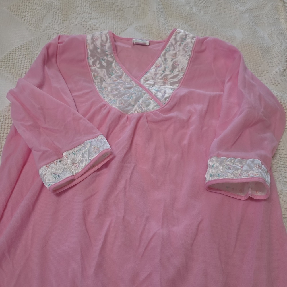Vtg 80s 90s Kelly Reed Pink Velour Nightgown M Satin Floral Embroidered Coquette